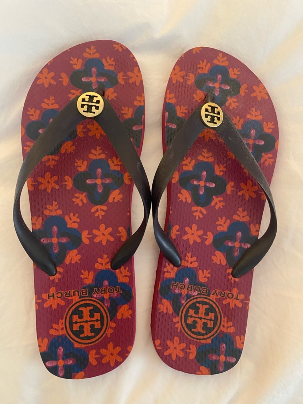 Tory Burch Red Floral Logo Flip Flops with Navy Straps